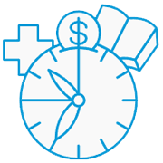 Clock with gear, dollar sign, and book icons, representing time management.