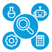 Blue icons: magnifying glass, beaker, robot, gear, calculator.