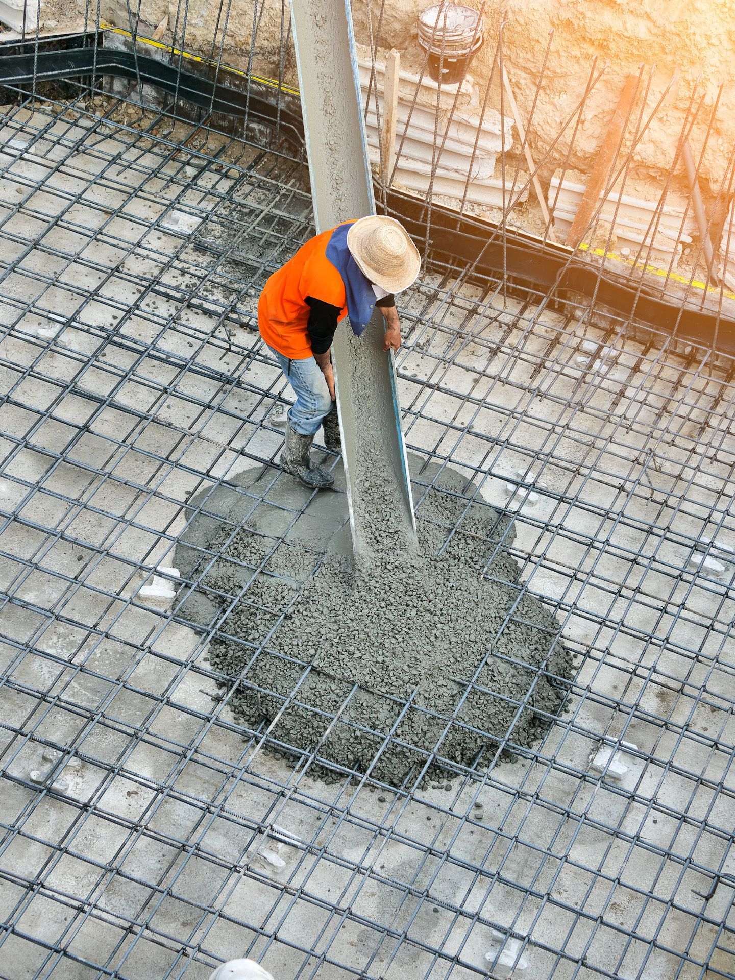 A construction worker is pouring concrete into a hole in the ground.