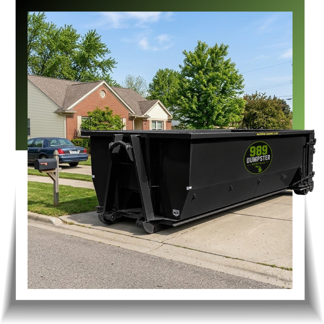 989 dumpster displayed outside