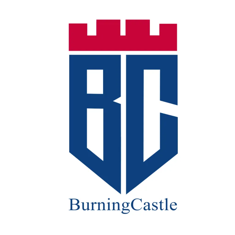 BurningCastle logo with blue shield letters and a red castle top
