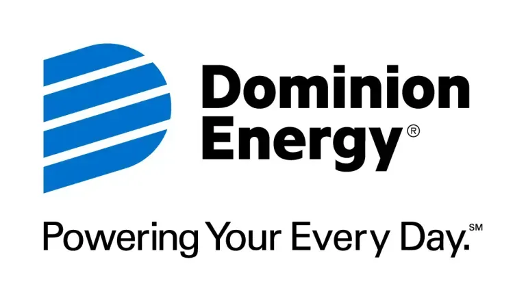 Dominion Energy logo with blue striped emblem and slogan “Powering Your Every Day.”