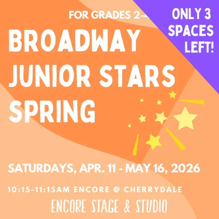 Broadway Junior Stars Spring class flyer on orange and purple background, with star wand graphic and dates.