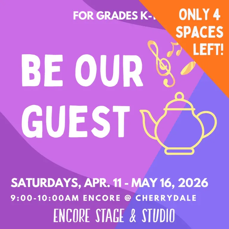 Purple “Be Our Guest” event flyer with teapot, dates Apr. 11–May 16, 2026, and “Only 4 spaces left!”