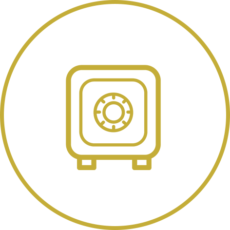 Um ícone de cofre dourado em um círculo sobre um fundo branco.