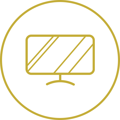 Um ícone dourado de um monitor de computador em um círculo.