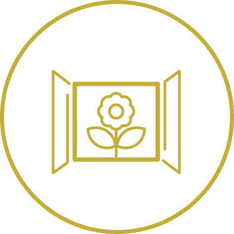 Um desenho de uma janela aberta com uma flor dentro.