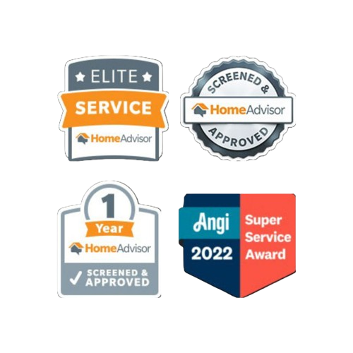 Four trust badges from HomeAdvisor and Angi, including Elite Service, Screened & Approved, 1 Year, and 2022 Super Service.