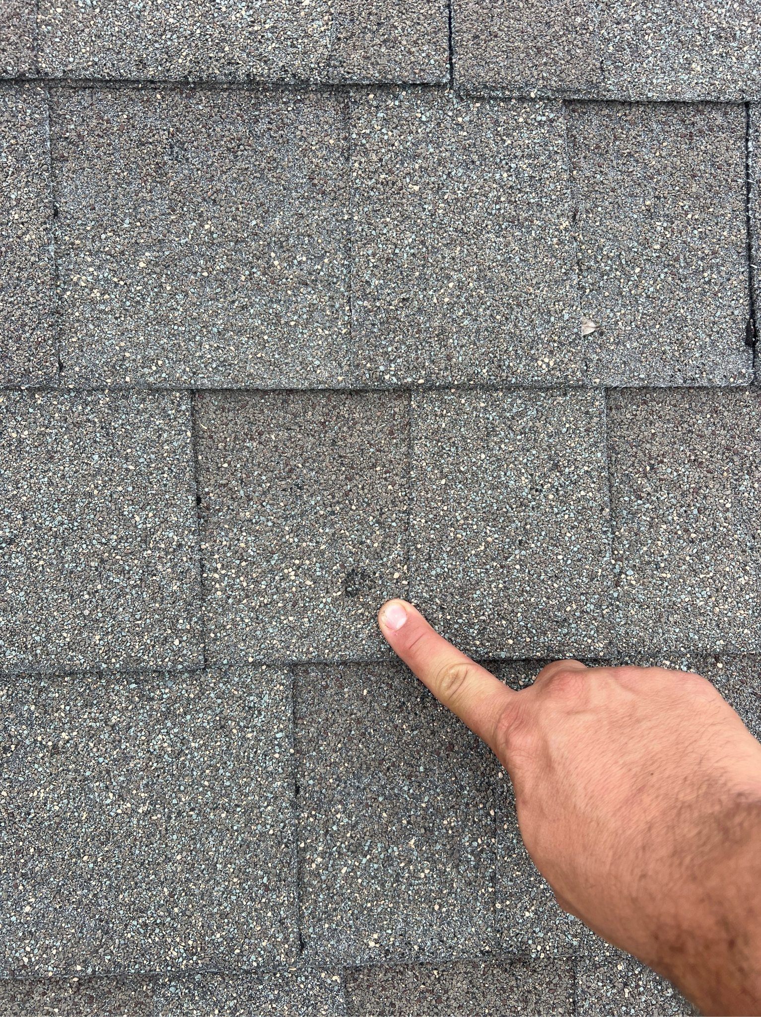 A person is pointing at a piece of shingles on a roof.