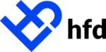 A blue logo with a heart and the word hfd on a white background