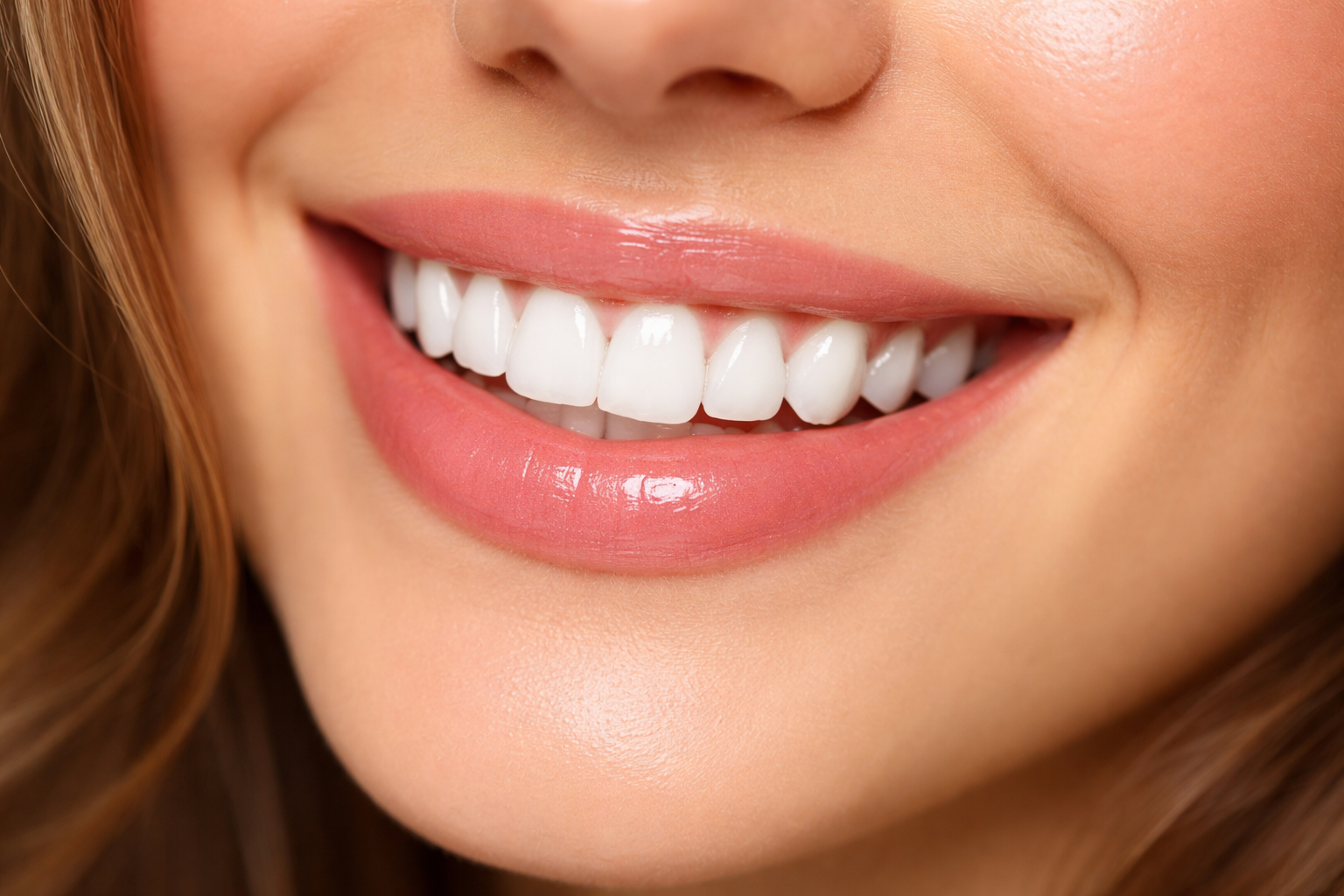 A close-up of a person's mouth with white, straight teeth and smooth, pink, glossy lips in a friendly smile.