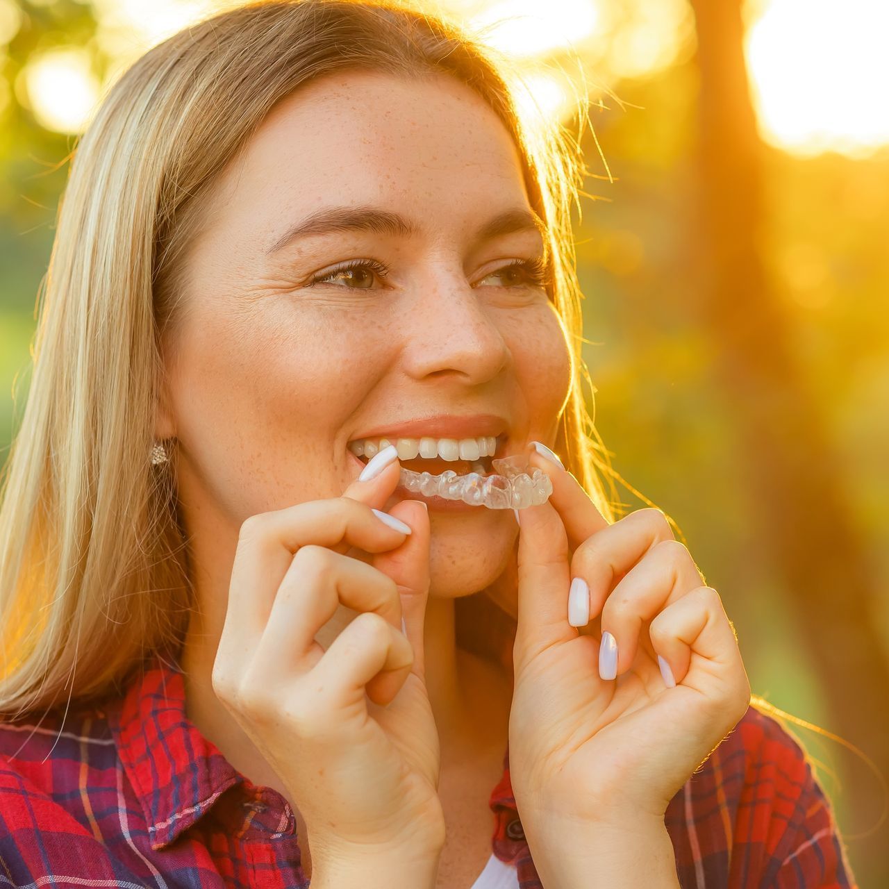 A woman is smiling while holding a clear braces in her mouth.