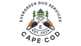 Logo for Evergreen Duo Services of Cape Cod featuring crossed chainsaws and pine trees.