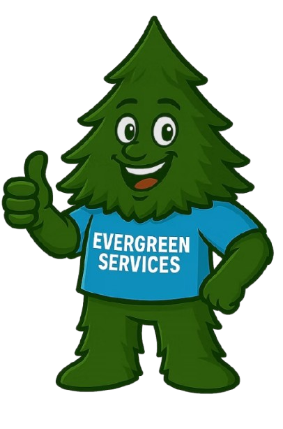 Green mascot, tree-shaped, thumbs-up gesture, wearing a blue shirt with