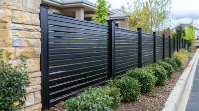 A black fence surrounds a stone wall next to a road.