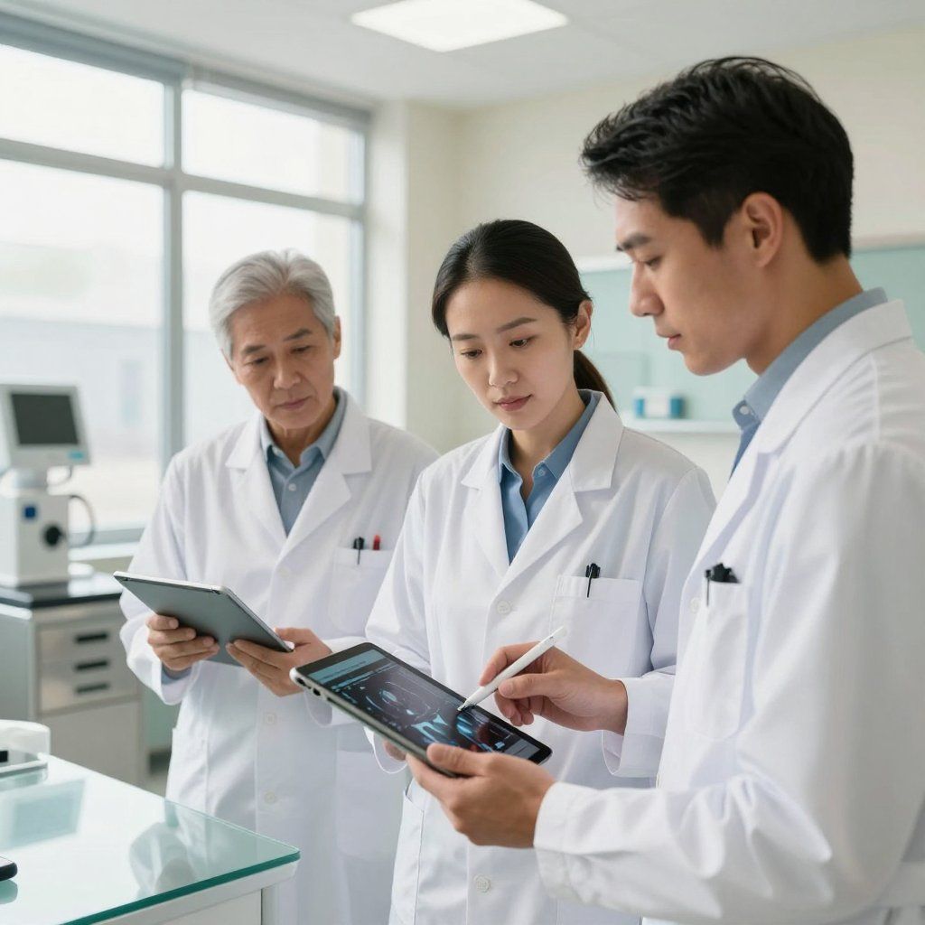 Drie mensen in laboratoriumjassen bekijken een tablet in een laboratorium.
