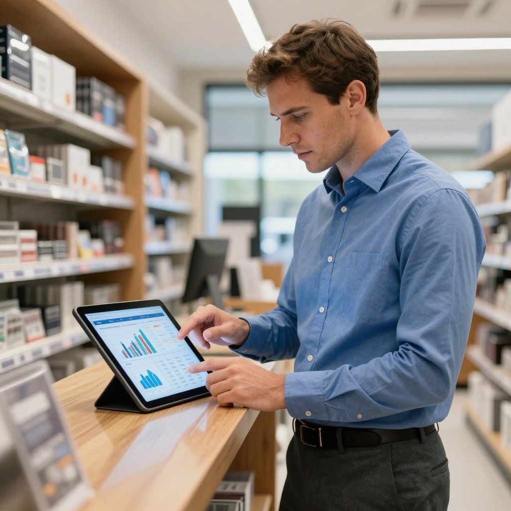 Een man in een blauw shirt staat in een winkel met boekenplanken en gebruikt een tablet met grafieken.