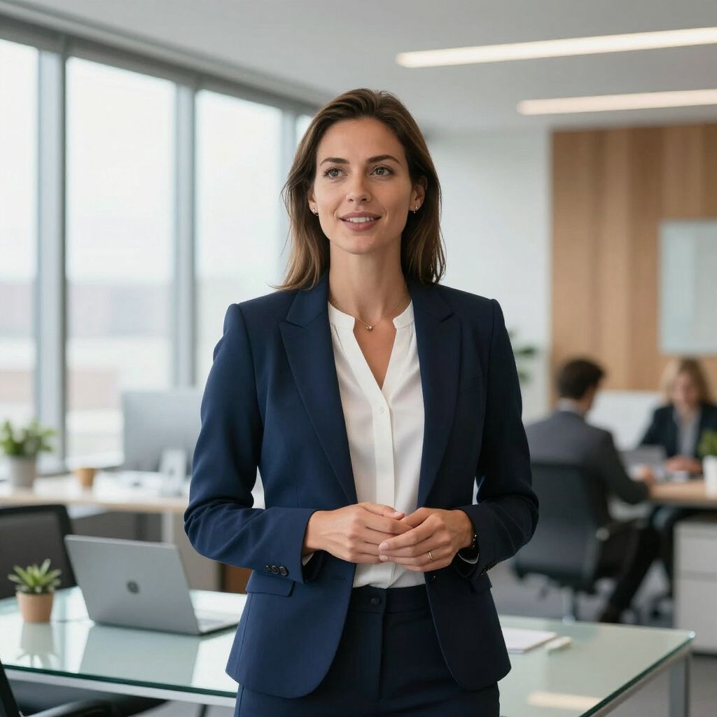 Een vrouw in een donkerblauw pak staat in een kantoor en kijkt opzij. De ruimte is licht en vol met andere mensen.