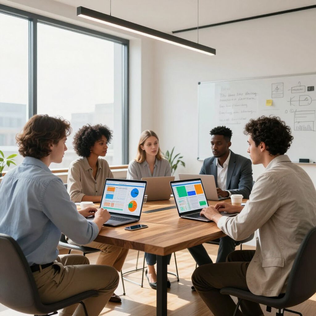 Mensen zitten aan een tafel en kijken naar laptops. Moderne kantooromgeving.