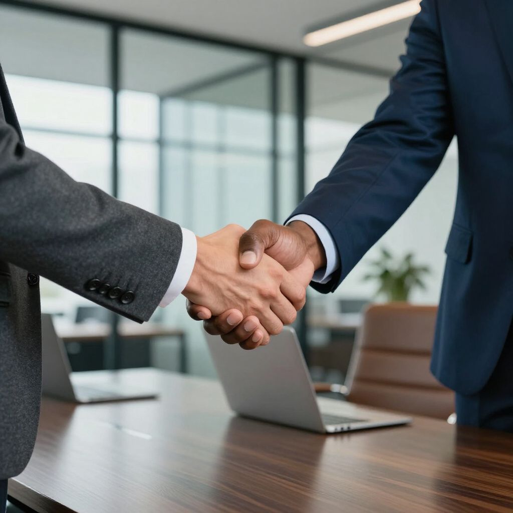Twee personen in pak schudden elkaar de hand boven een houten bureau, laptops zichtbaar, kantooromgeving.