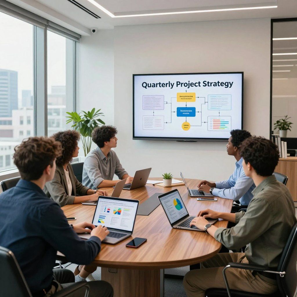 Een zakelijk team zit in een vergadering en bekijkt een diagram met de 