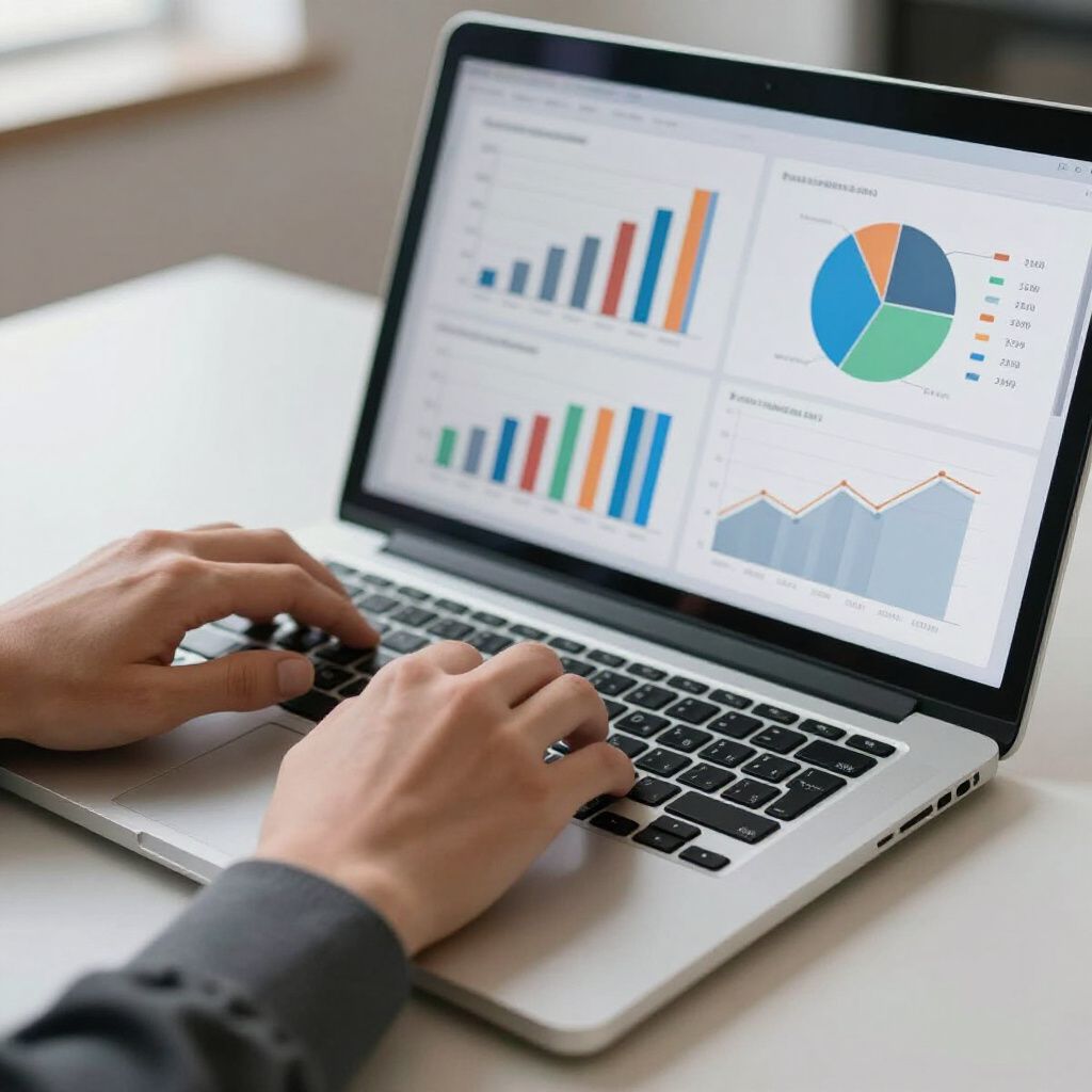 Een persoon typt op een laptop waarop zakelijke grafieken en diagrammen worden weergegeven.