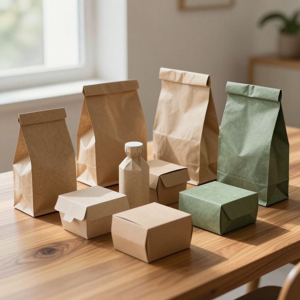 Bruine papieren zakken en dozen op een houten tafel bij een raam, verlicht door natuurlijk licht.