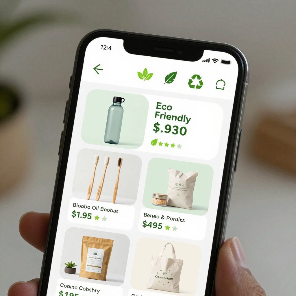 Smartphone waarop milieuvriendelijke producten worden getoond in een shopping-app.