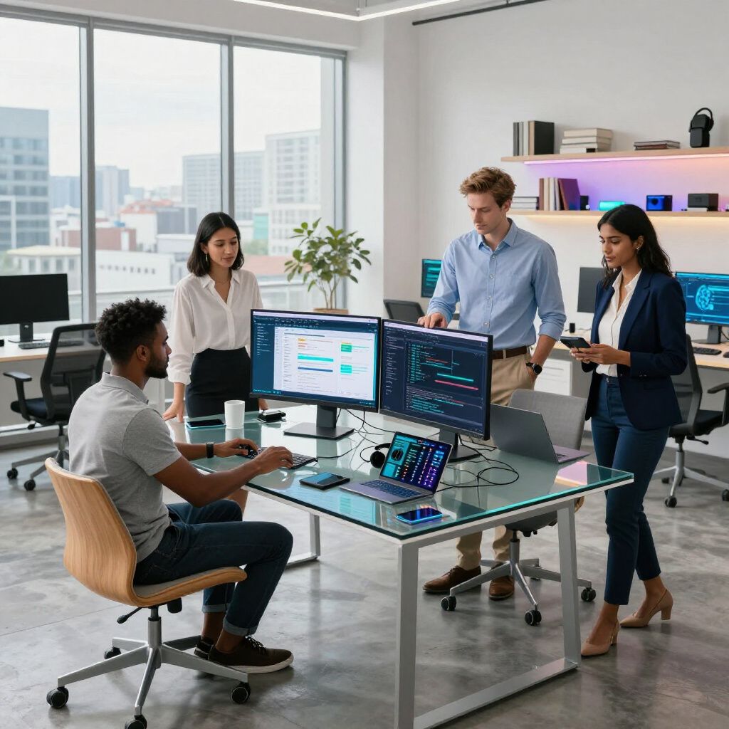 Vier mensen werken samen twee kijken naar computermonitoren, de anderen houden tablets vast. 