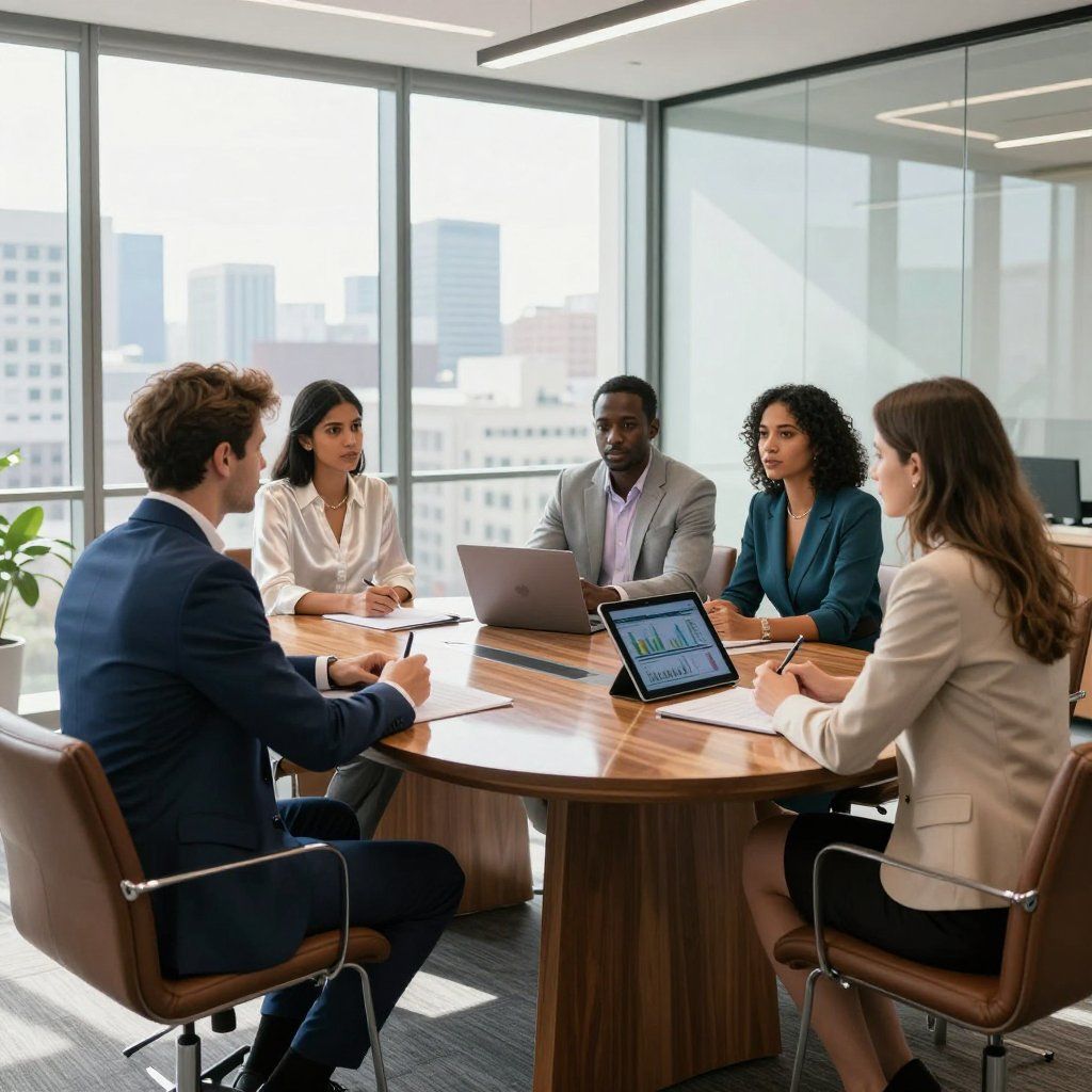 Zakelijke collega's in een vergaderruimte met een ronde tafel, die overleggen met behulp van een laptop en documenten.