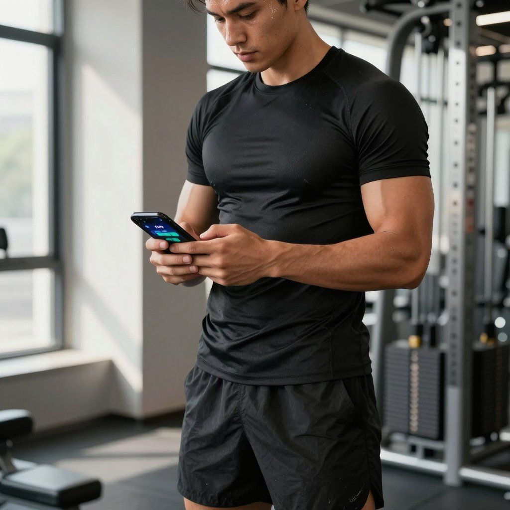 Een man in zwarte sportkleding gebruikt een telefoon in een sportschool, met fitnessapparatuur in het zicht.