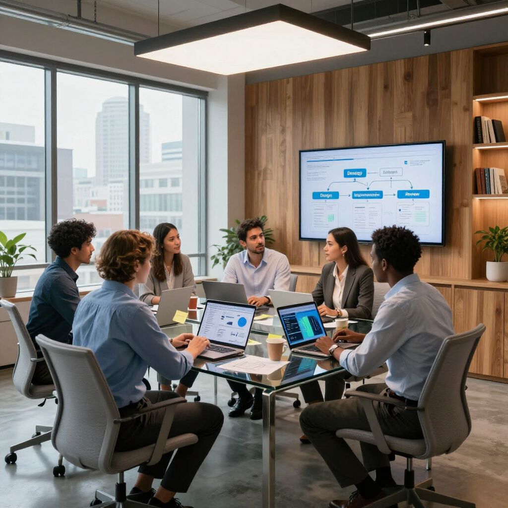 Zakelijke bijeenkomst in een modern kantoor met mensen rond een tafel die naar laptops en een monitor kijken.