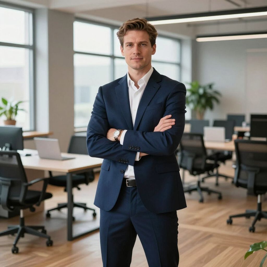 Een man in pak met de armen over elkaar staat in een kantoor met bureaus en stoelen.