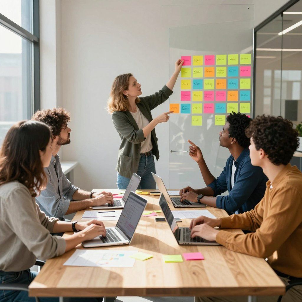 Een groep mensen werkt samen tijdens een vergadering; een vrouw wijst naar post-it-briefjes, anderen gebruiken laptops.