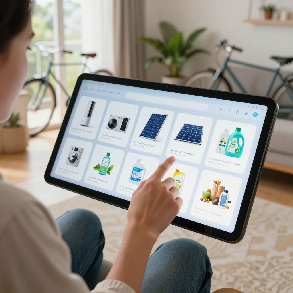 Vrouw gebruikt een tablet om online te winkelen. Producten worden weergegeven, haar vinger raakt het scherm aan.