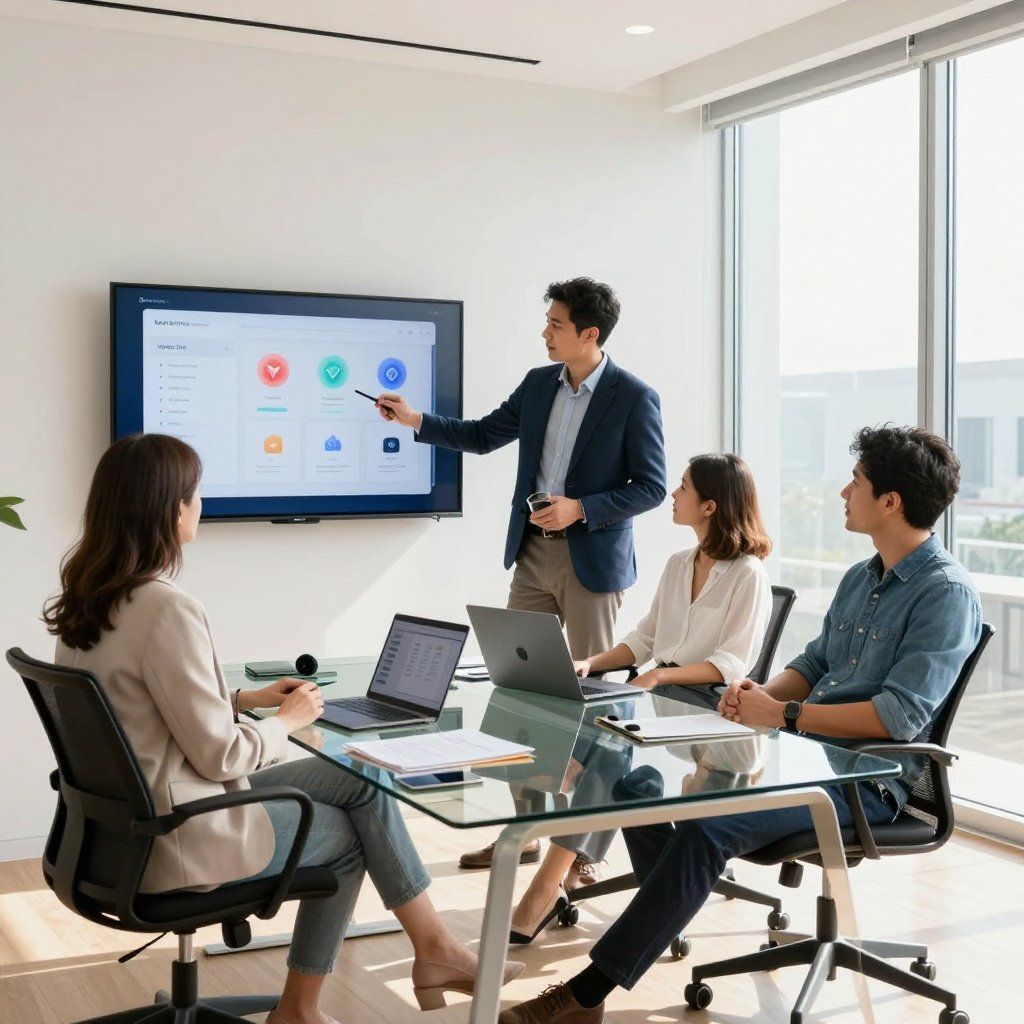 Een man wijst naar een scherm in een modern kantoor en geeft een presentatie aan drie collega's die aan een tafel zitten.