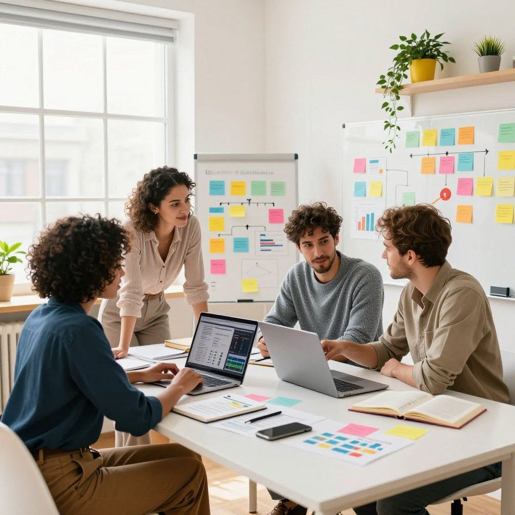 Vier mensen werken samen rond een tafel in een licht kantoor en bespreken gegevens op laptops en post-it-briefjes.