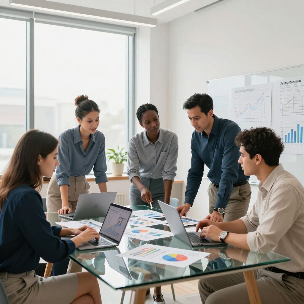 Een team van mensen werkt samen rond een tafel in een kantoor, bekijkt grafieken en gebruikt laptops.