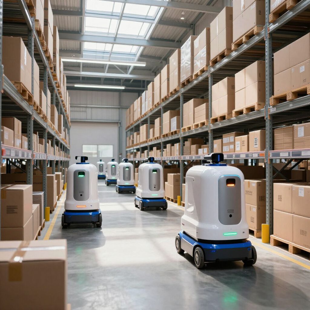 Robots bewegen zich door een magazijn met hoge schappen vol kartonnen dozen.