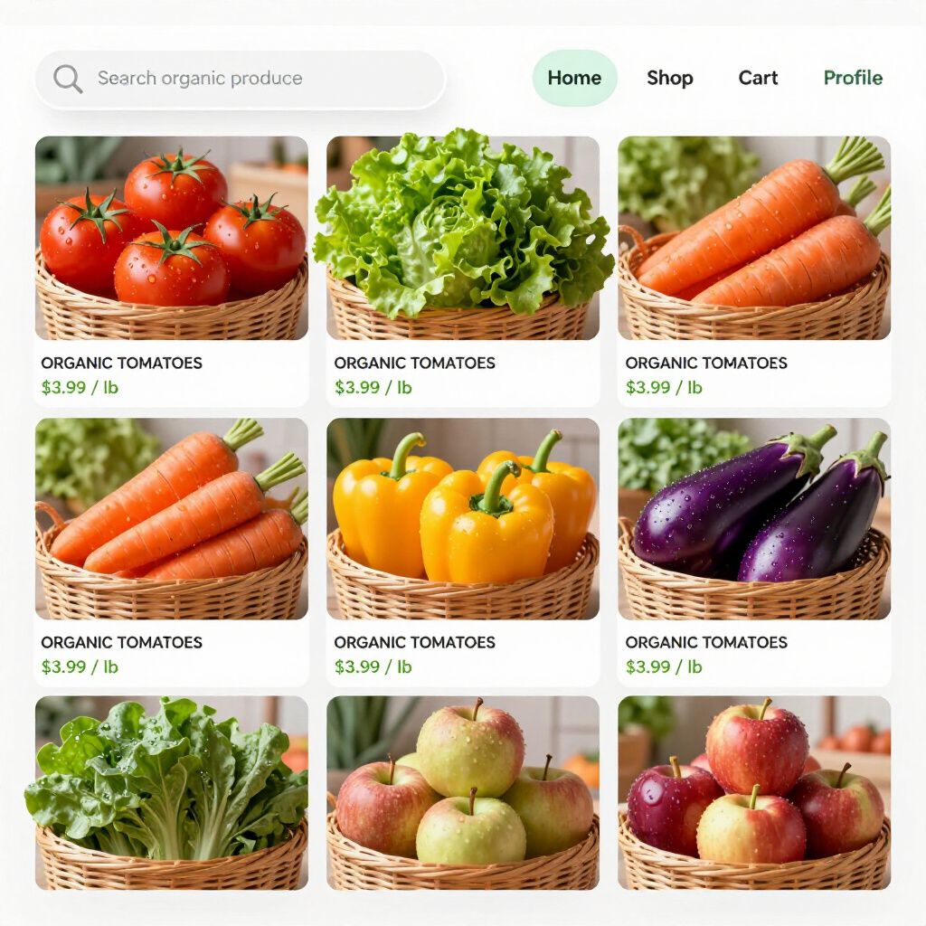 Overzicht van biologische producten in onze online groentewinkel, zoals tomaten, sla, wortelen en appels.