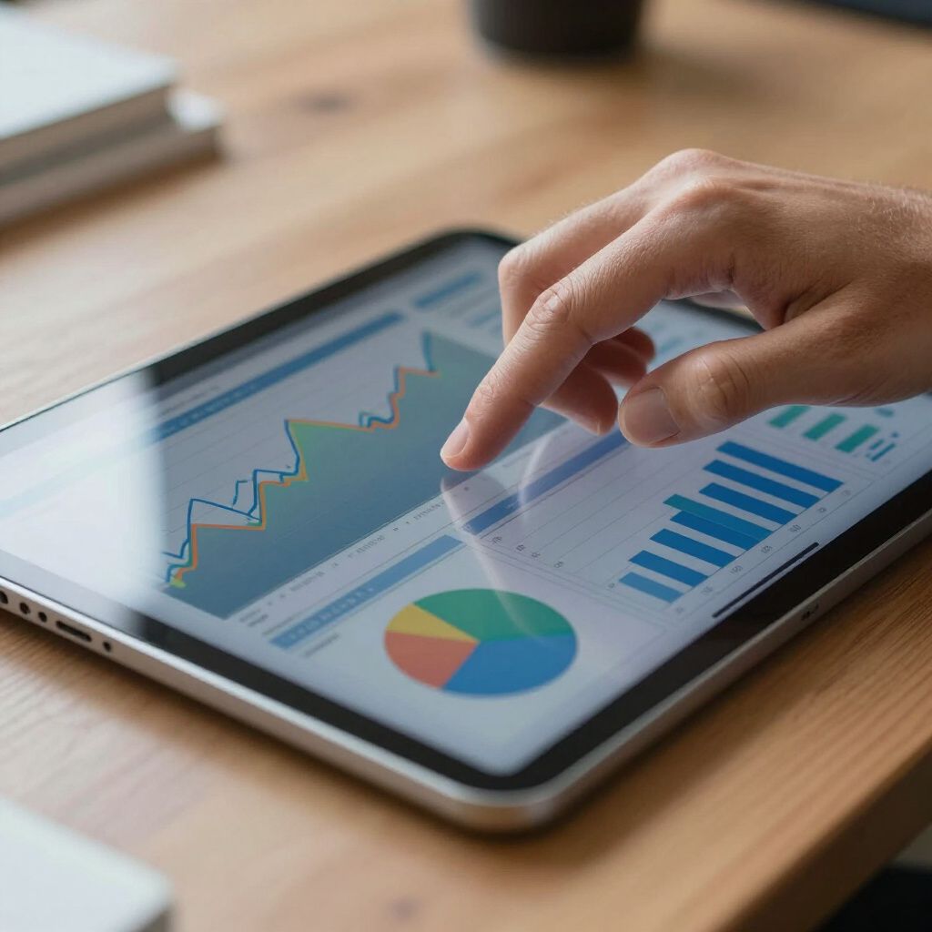 Een hand wijst naar financiële grafieken op een tablet. De grafiek bevat lijngrafieken, staafdiagrammen en een cirkeldiagram.