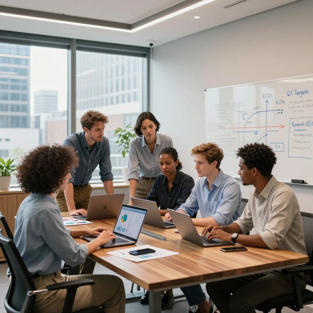Een groep mensen werkt samen rond een tafel met laptops en brainstormt in een modern kantoor.