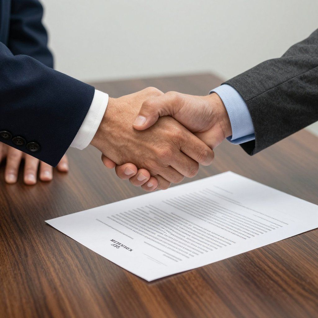 Twee mensen schudden elkaar de hand boven een contract op een houten tafel.