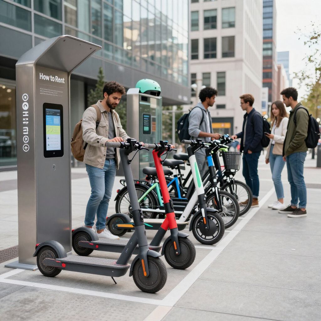 Mensen bij een verhuurstation voor elektrische scooters en fietsen in een stad.