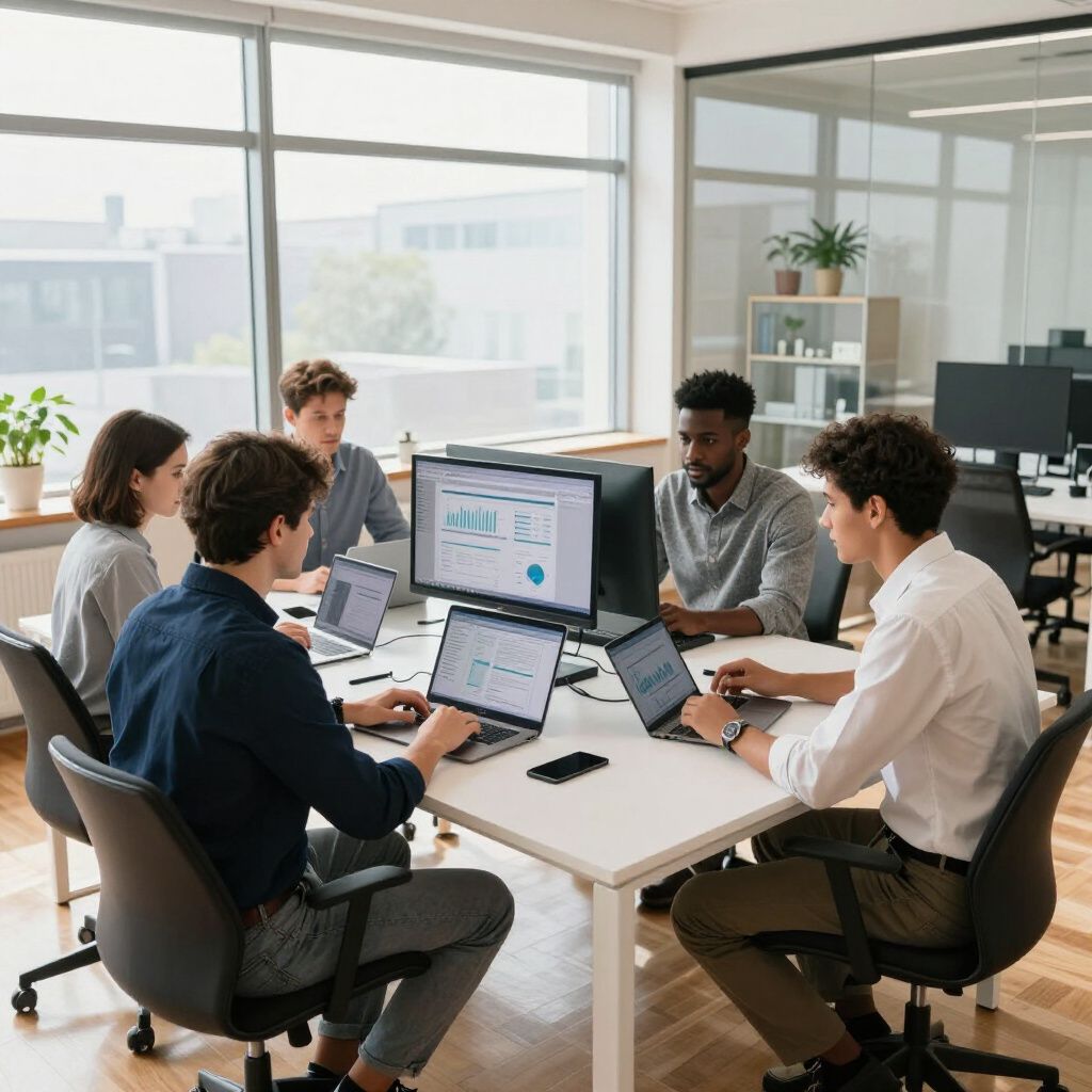 Mensen zitten aan een tafel en kijken naar computers in een kantooromgeving.