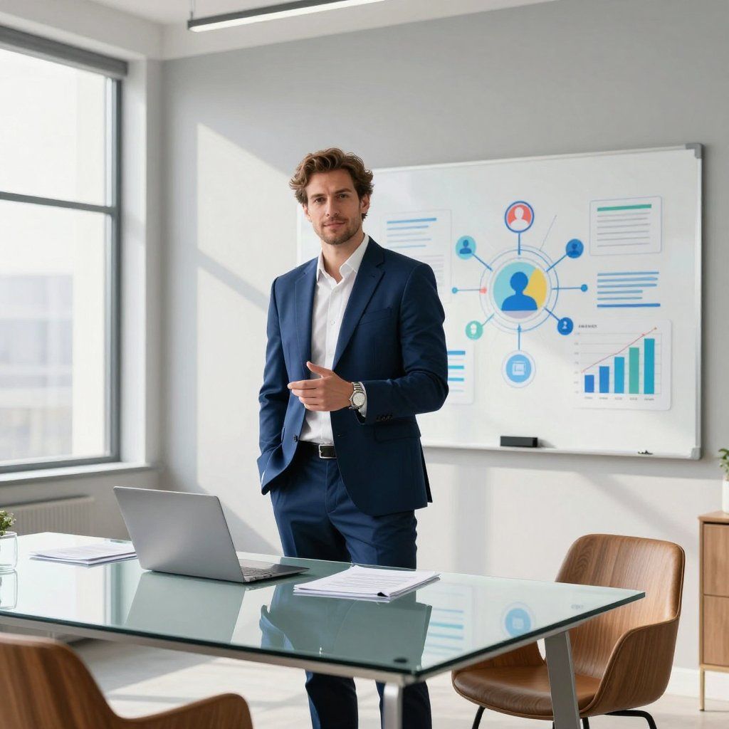 Een man in een blauw pak staat in een kantoor en gebaart bij een whiteboard met grafieken; zijn laptop staat op zijn bureau.