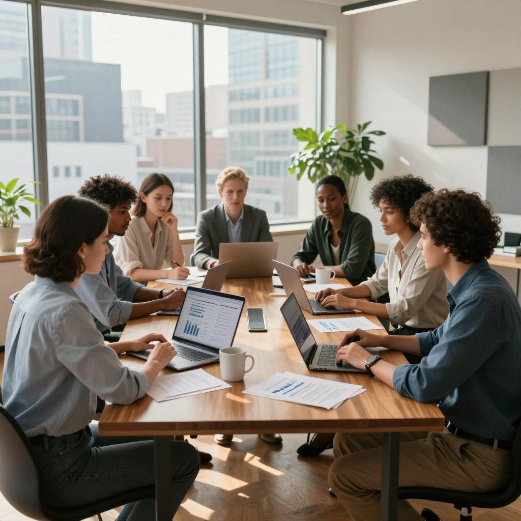 Mensen zitten aan een tafel in een kantoor, werken op laptops en bekijken documenten tijdens een vergadering.