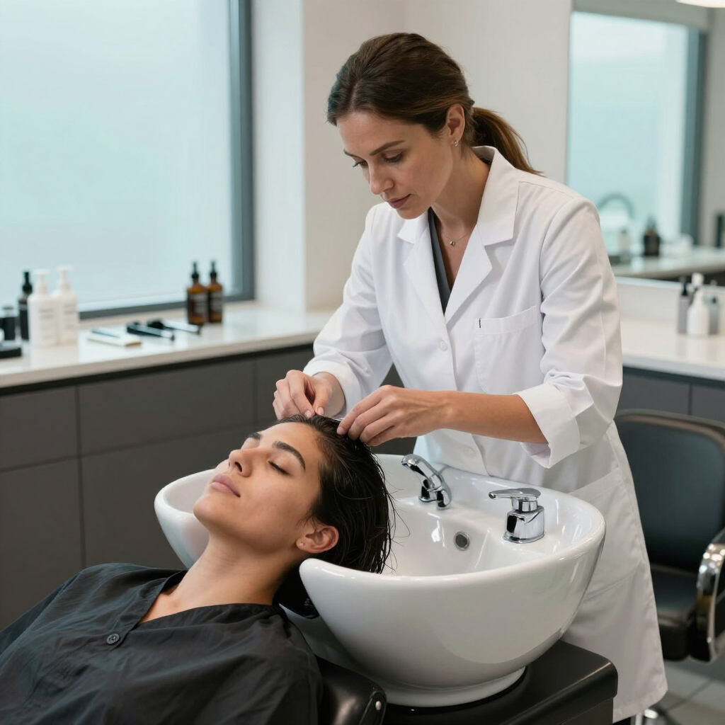 Un profesional con bata blanca de laboratorio masajea el cuero cabelludo de una persona que está recostada sobre un lavabo blanco de peluquería.