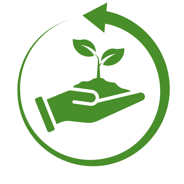 Una mano sostiene una pequeña planta en un círculo con una flecha.