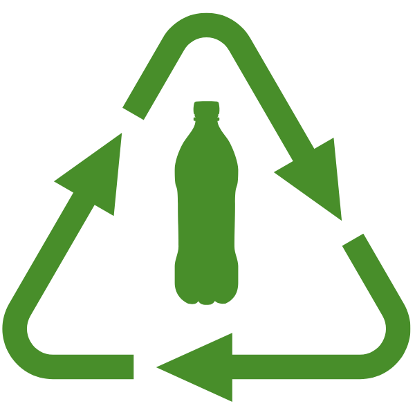 Un símbolo de reciclaje verde con flechas que apuntan a una botella de plástico.